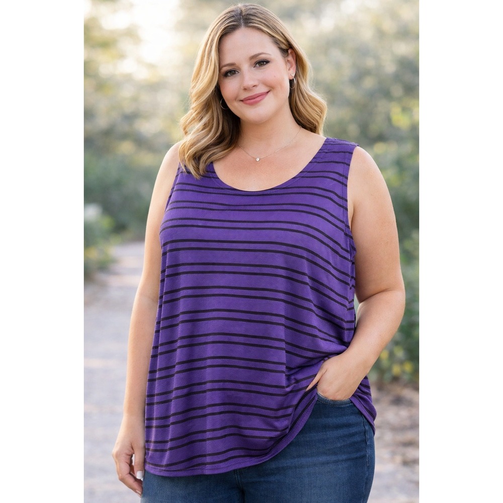 Lady Dorby Womens 24W Purple Black Striped Sleeveless Scoop Neck Tank Top Blouse